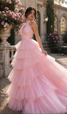 AI-generated image of woman in a pink tulle gown at a garden estate