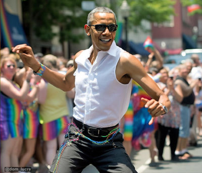 AI-generated image of Barack Obama dancing at a Pride parade