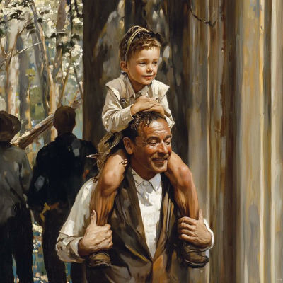 AI-generated painting of Elon Musk carrying a child on his shoulders