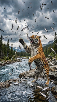 AI-generated image of a tiger catching fish falling from the sky
