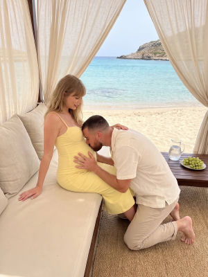 AI-generated image of pregnant Taylor Swift and Travis Kelce at a beach cabana