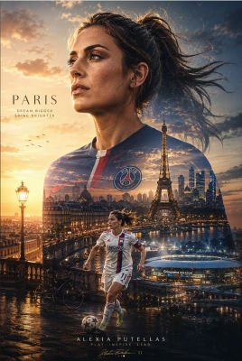 AI-generated poster of Alexia Putellas in a Paris Saint-Germain kit against a Paris skyline