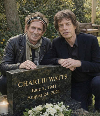 AI-generated image of Mick Jagger and Keith Richards at Charlie Watts' grave