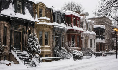 AI-generated image of snow-covered Victorian row houses on a winter street