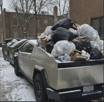 AI-generated image of a Tesla Cybertruck piled with trash bags