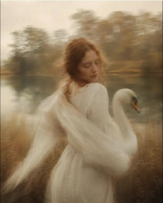 AI-generated image of a woman in a flowing dress with a swan