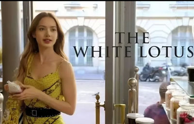 AI-generated image of Lily Collins in a The White Lotus–style scene