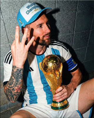 AI-generated image of Lionel Messi with the 2022 FIFA World Cup trophy