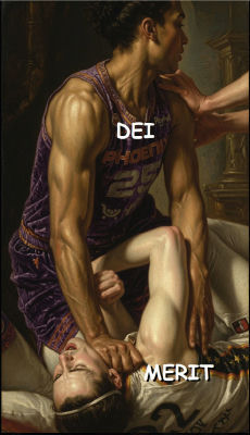 AI-generated 'DEI vs Merit' meme depicting Phoenix Suns players in classical painting style