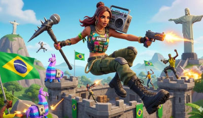 AI-generated Fortnite-style illustration of Anitta in a Brazilian-themed battle scene