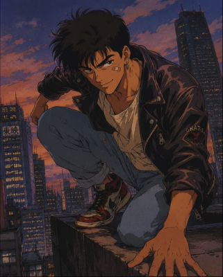 AI-generated retro anime illustration of a young man crouching on a rooftop