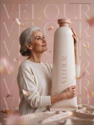 AI-generated image of a woman embracing a Velour product bottle
