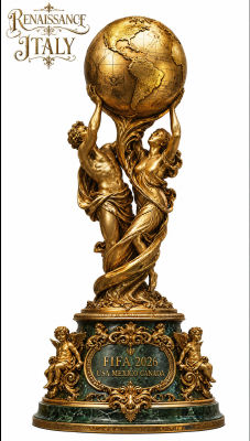 AI-generated FIFA 2026 World Cup trophy design with classical figures