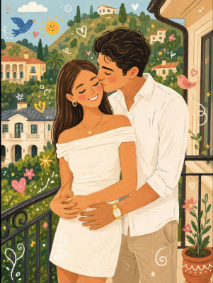 AI-generated illustration of an embracing couple on a Mediterranean balcony