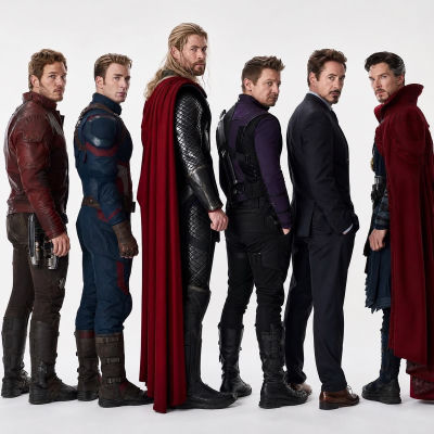 AI-generated image of Robert Downey Jr., Chris Evans, Chris Hemsworth, Jeremy Renner, Chris Pratt, and Benedict Cumberbatch in Avengers costumes