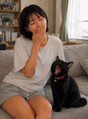 AI-generated image of a woman yawning with her black cat on a couch