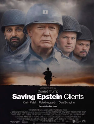 AI-generated 'Saving Epstein Clients' parody poster featuring Donald Trump, Kash Patel, Pete Hegseth, and Dan Bongino