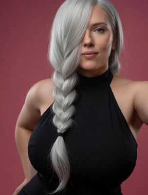 AI-generated portrait of Scarlett Johansson with silver braid and black halter top