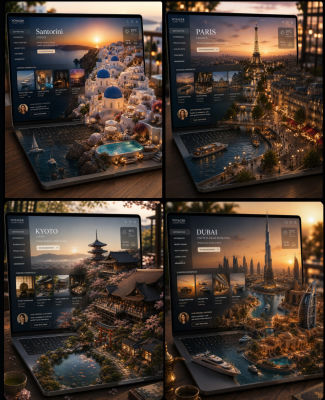 AI-generated Voyager travel website mockup featuring Santorini, Paris, Kyoto, and Dubai