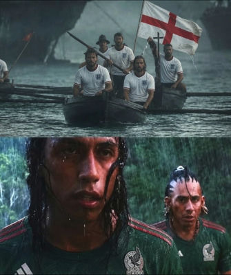 AI-generated Apocalypto-style meme of England and Mexico football teams