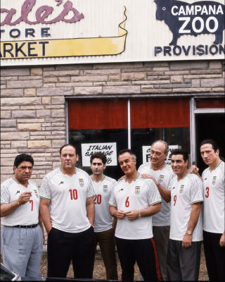 AI-generated image of Sopranos cast, including James Gandolfini and Tony Sirico, in Iran football jerseys