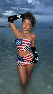 AI-generated image reportedly depicting 'Piper' in US flag and swastika outfit at beach