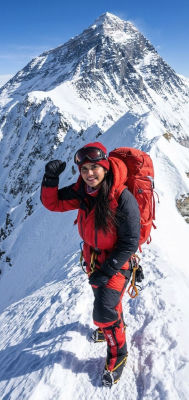 AI-generated image of a woman mountaineering on a snowy peak