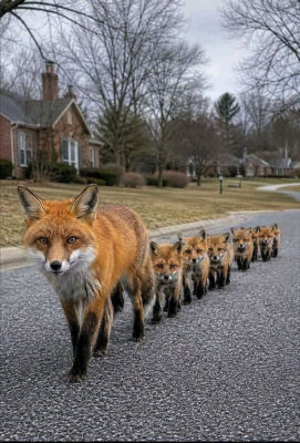AI-generated image of a red fox and kits crossing a suburban street