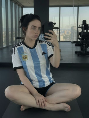 Deepfake of Billie Eilish wearing an Argentina national team jersey in a gym selfie