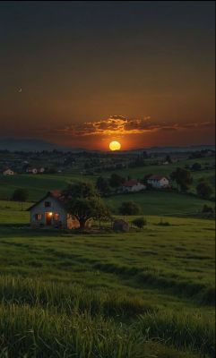 AI-generated sunset landscape with countryside cottage