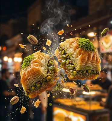 AI-generated image of baklava being pulled apart with pistachios