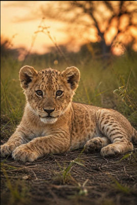 AI-generated image of a lion cub at sunset