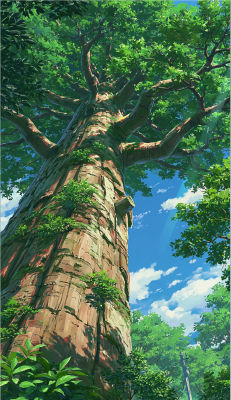AI-generated anime-style illustration of a large tree against a blue sky