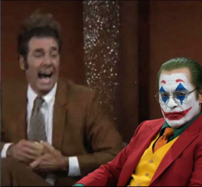 AI-generated image of Joaquin Phoenix as the Joker beside Michael Richards on a talk show set