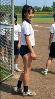 AI-generated image of a schoolgirl in athletic uniform on a sports field