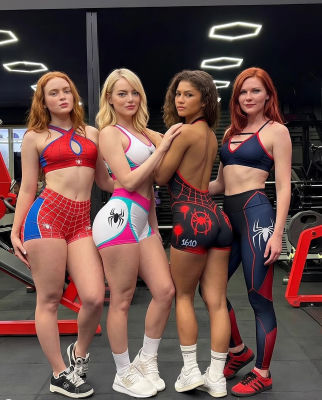 AI-generated image of Emma Stone, Kirsten Dunst, and Zendaya in Spider-Man themed gym outfits
