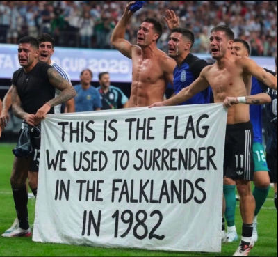 AI-generated image of Argentine football players celebrating with Falklands surrender banner
