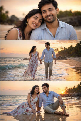AI-generated image of a couple on a beach at sunset