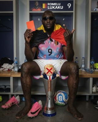 AI-generated image of Romelu Lukaku in a Belgium locker room with a Trump plushie