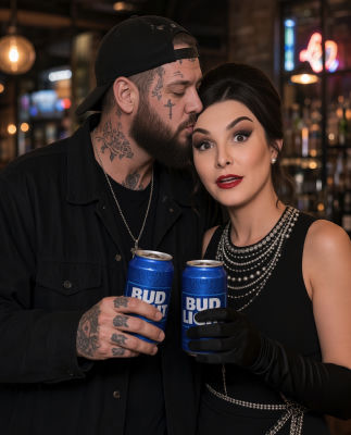 Deepfake of Sam the Kid and a woman at a bar with Bud Light cans