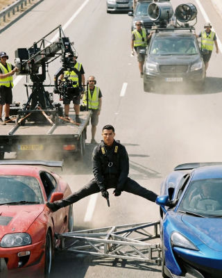 AI-generated image of Cristiano Ronaldo in a car-stunt scene