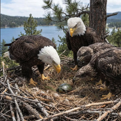 AI-generated image of bald eagles in a lakeside nest