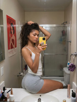AI-generated image resembling Zendaya taking a mirror selfie in a bathroom