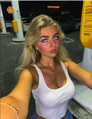 AI-generated selfie of a woman at a Shell gas station at night