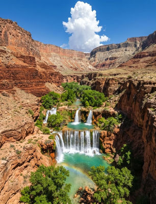 AI-generated image of waterfalls cascading through a red rock canyon