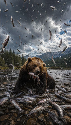 AI-generated image of a grizzly bear catching fish in a mountain river