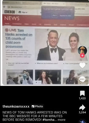 AI-generated fake BBC News page claiming Tom Hanks and Rita Wilson arrest