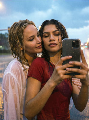 AI-generated image of Zendaya and Jennifer Lawrence taking a selfie in the rain