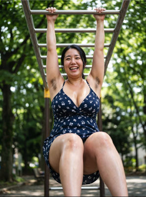 AI-generated image of a woman hanging from monkey bars in a park