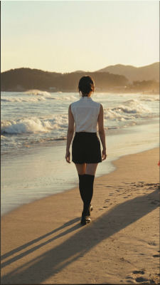 AI-generated image of a woman walking on a beach at sunset